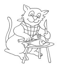 cat eating a fish with knife and fork