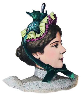 Victorian womens hat with feathers and ribbons
