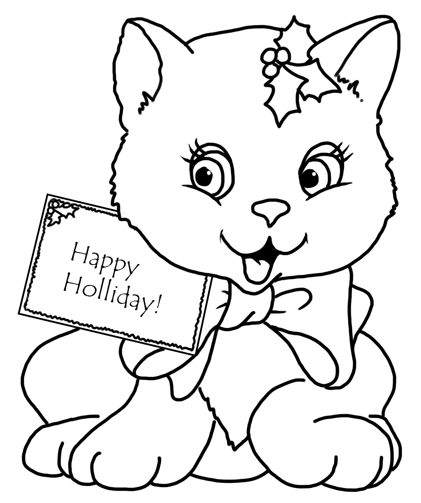 Christmas coloring page with cat and greeting