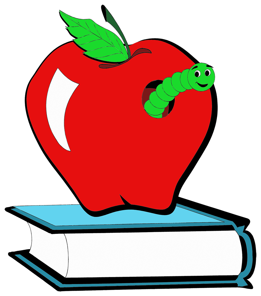 red apple with book worm