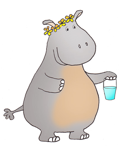 hippo with blue bucket