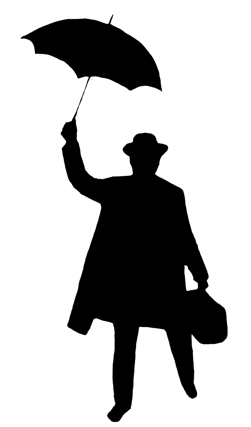 silhouette man with umbrella and bag