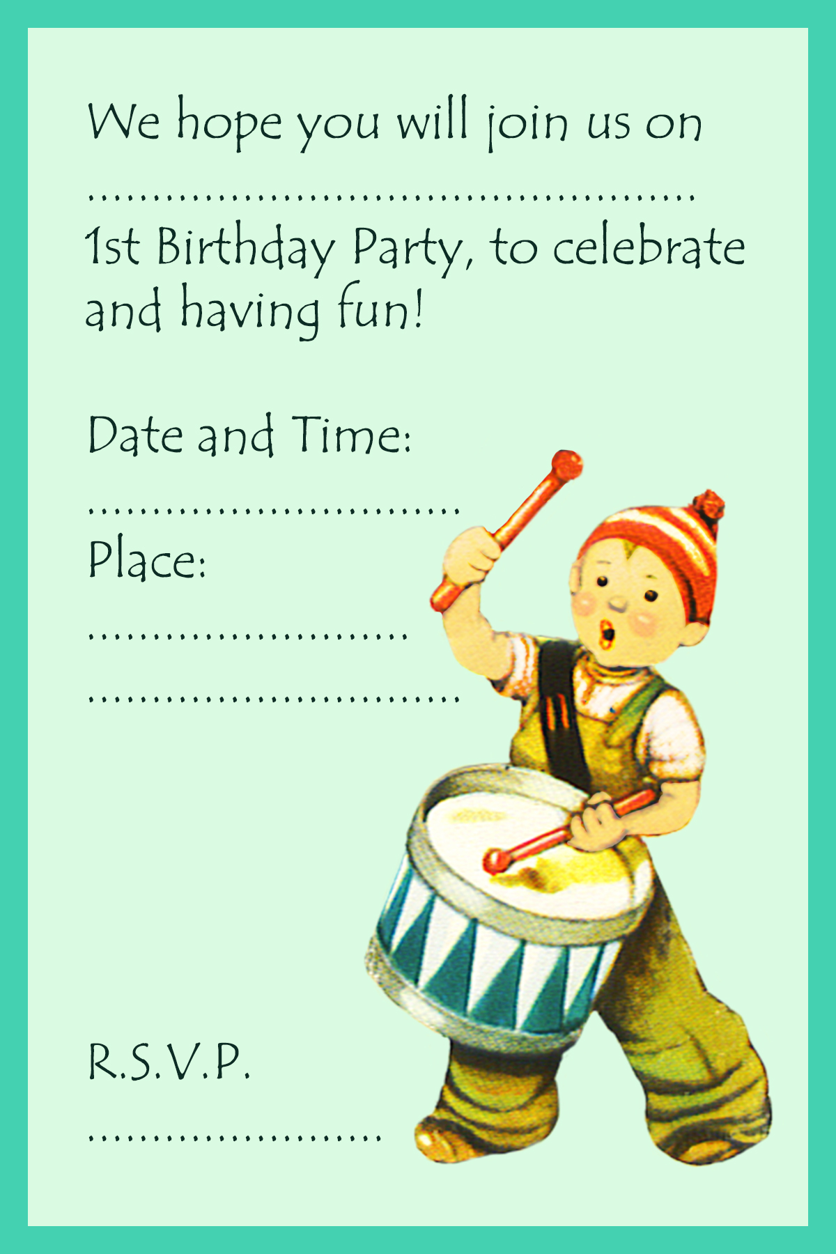 first birthday invitation boy with drummer