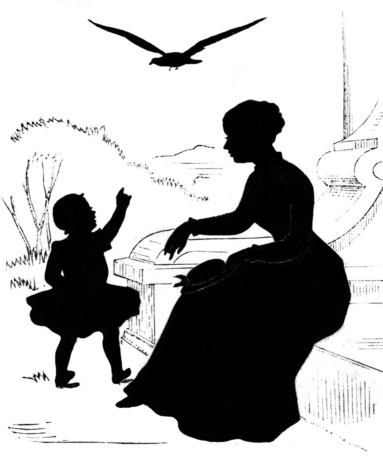 victorian silhouette mother child bird