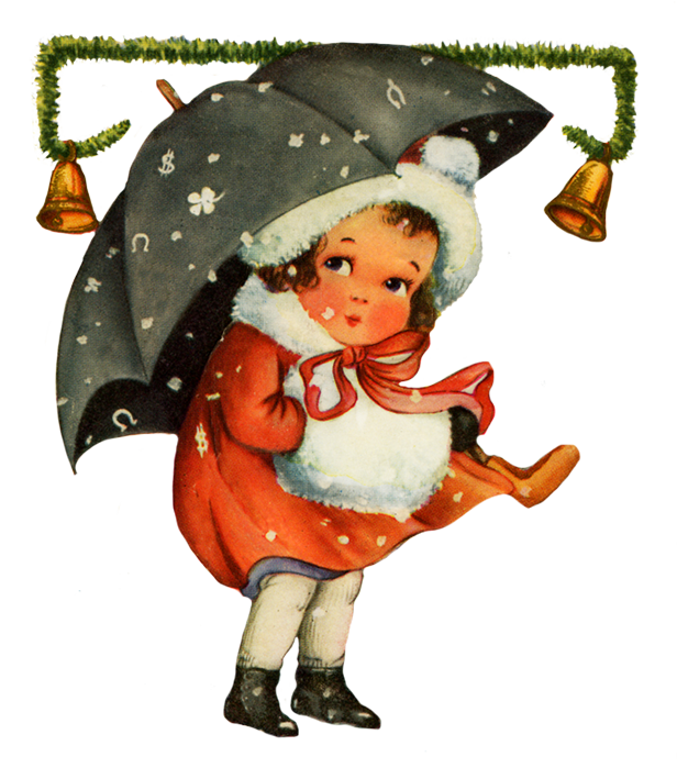 Vintage Christmas clip art girl snow