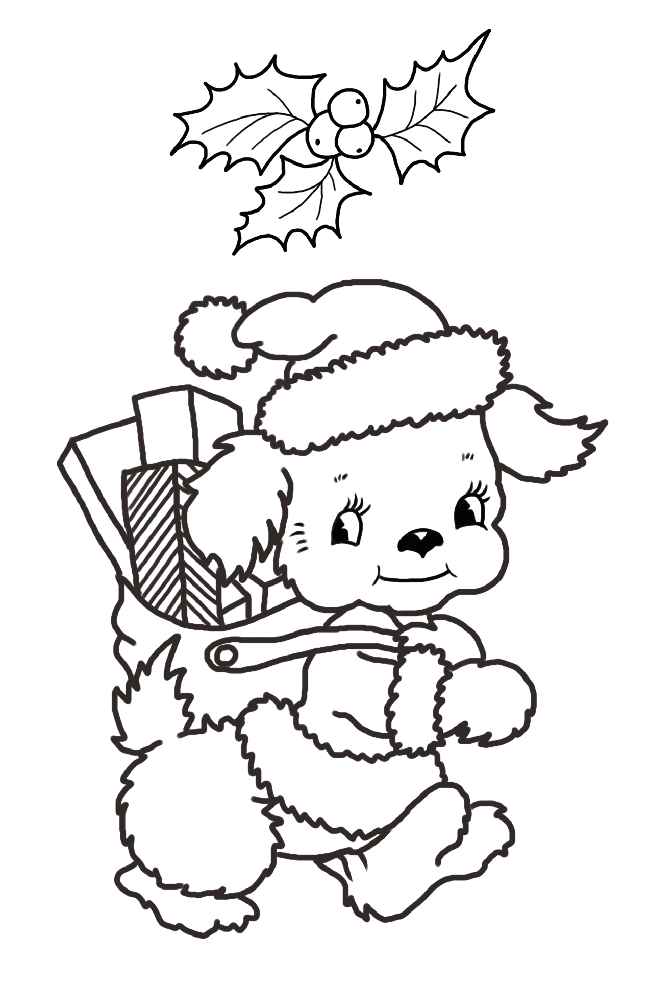 Christmas coloring page with dog and presents