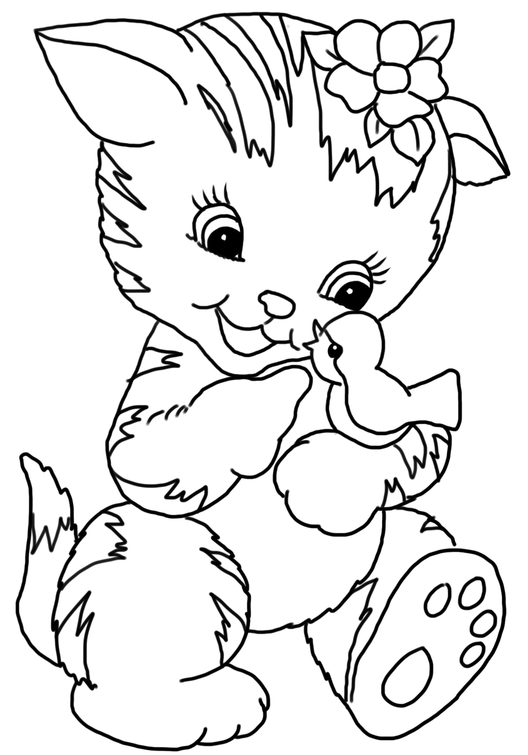 cat coloring page cute cat with bird