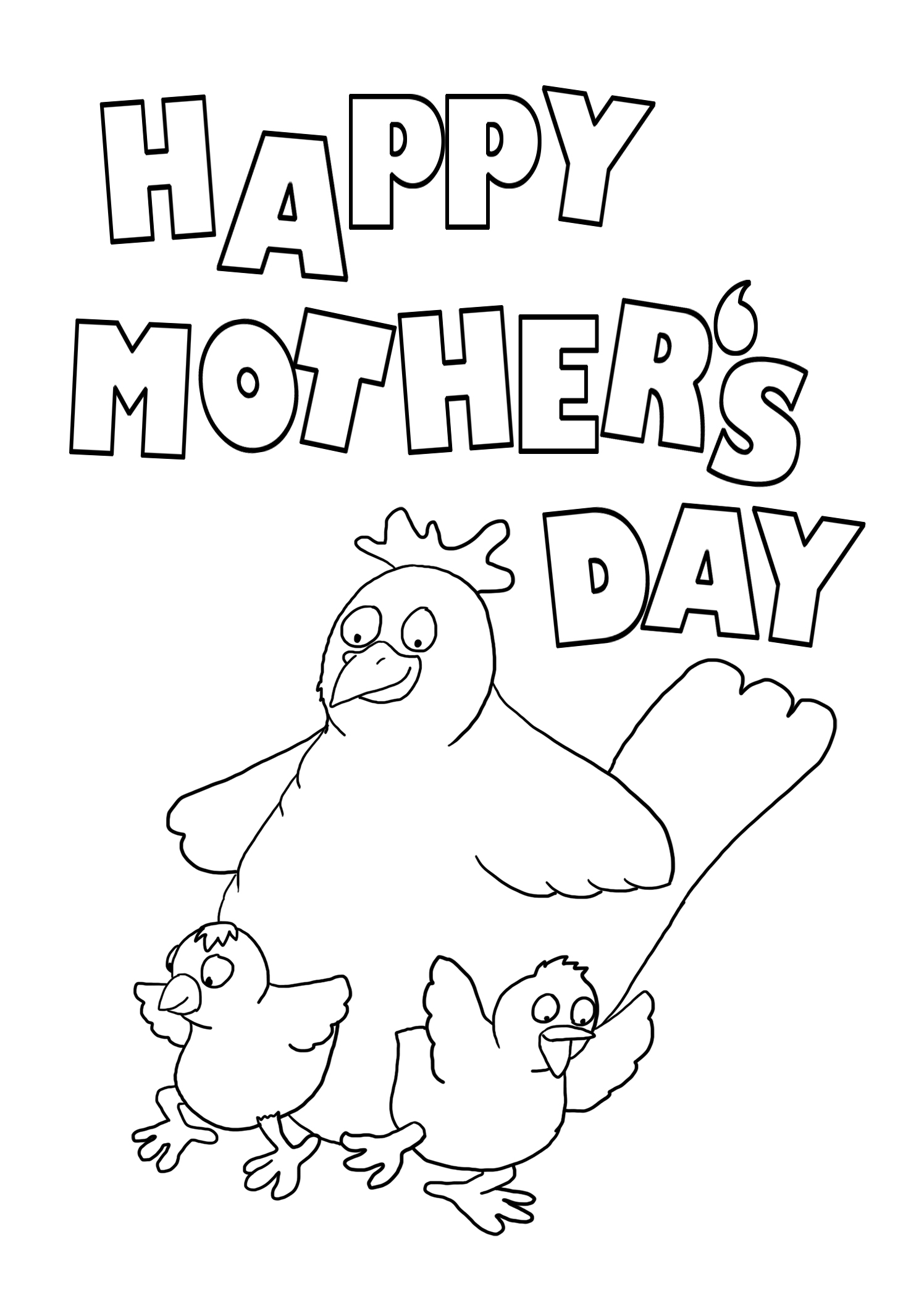 Mother's day coloring page with hen and chicken