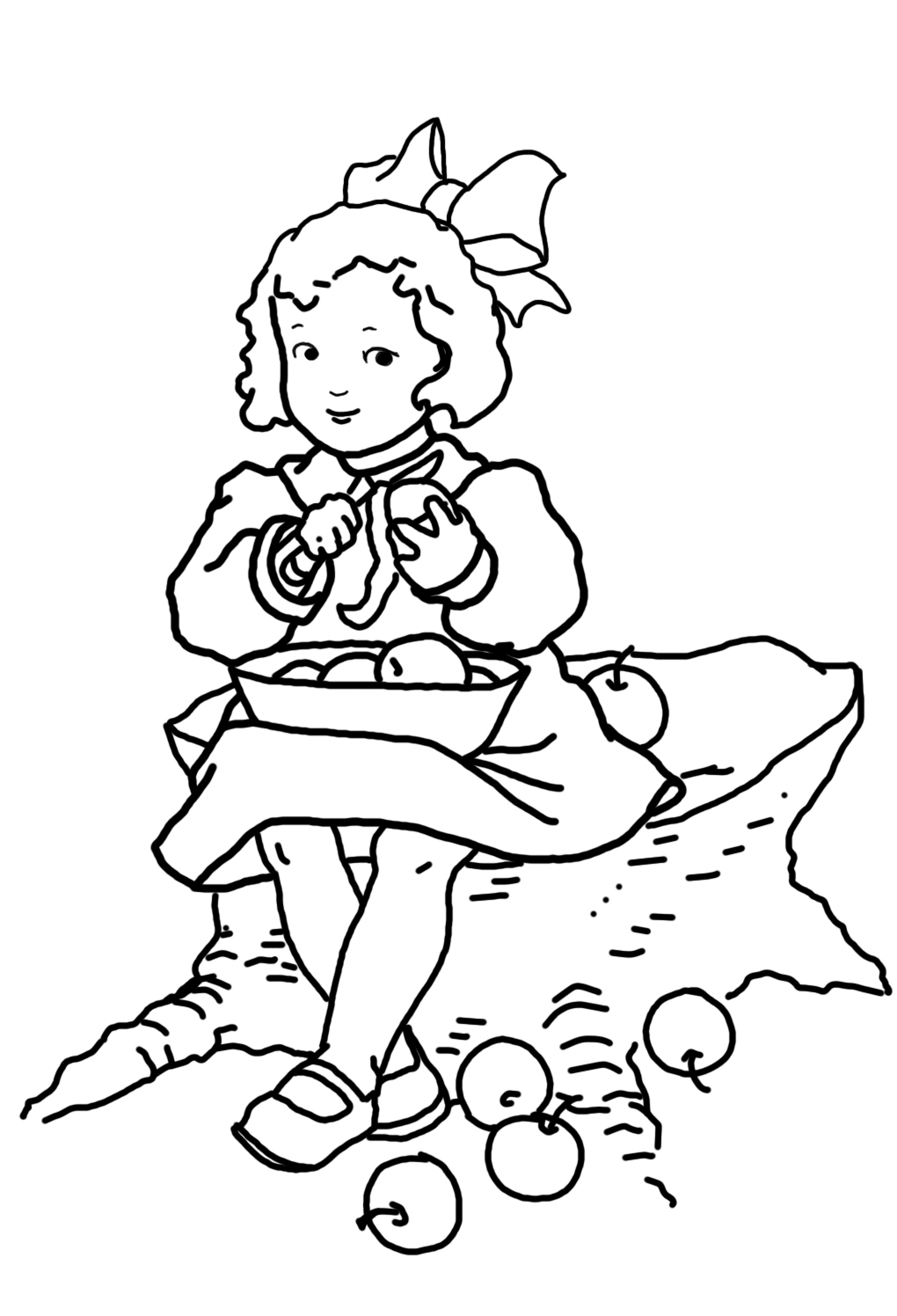 Coloring sheet girl peeling apples
