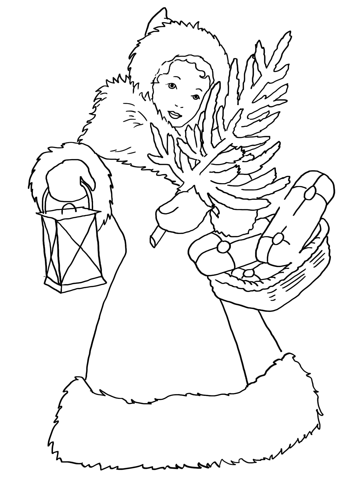 coloring page girl with Christmas tree