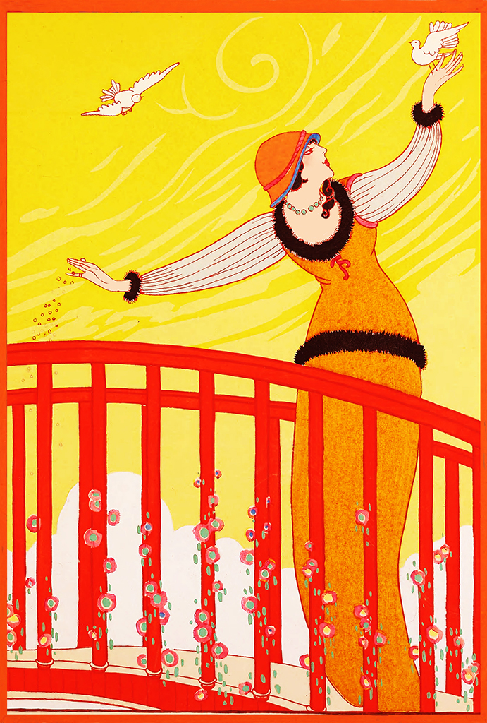 Art deco art nouveau postcard woman birds