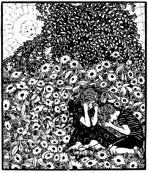 crying children in flower bed