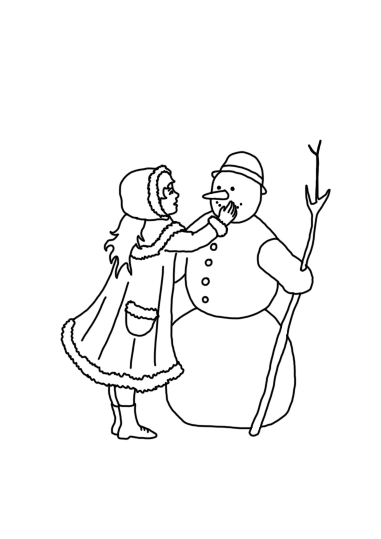 coloring page with girl and snowman