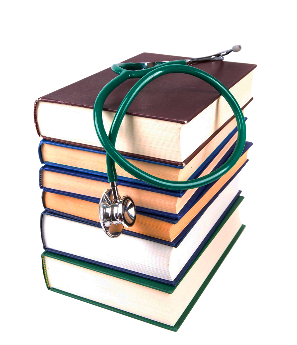 stacked books and stethoscope