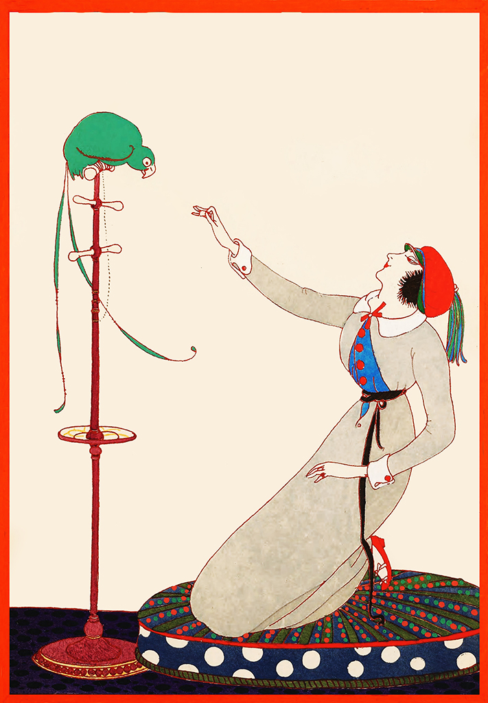 Woman feeding parrot postcard art deco