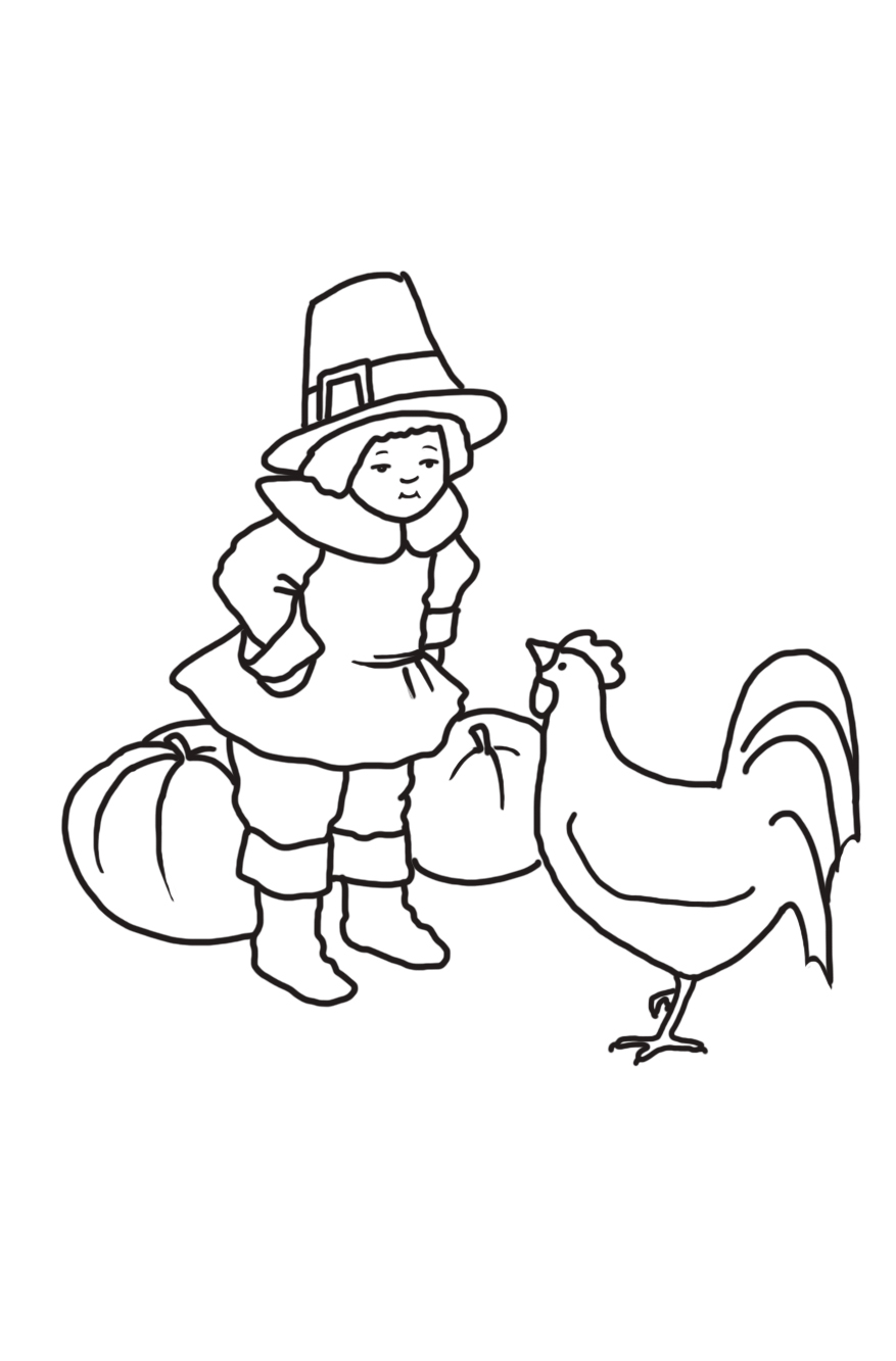 pilgrim boy with hen and pumpkins