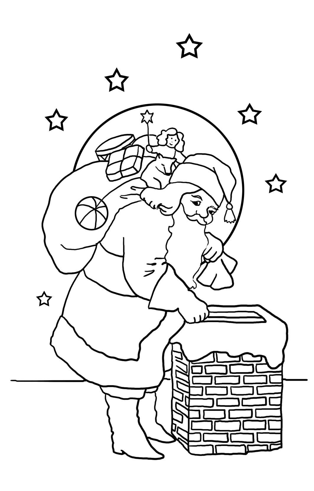 Santa coloring chimney moon stars