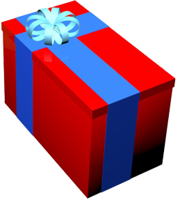 red birthday present box blue ribbon