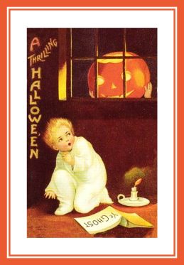 Halloween postcard with spooked boy pumpkin head