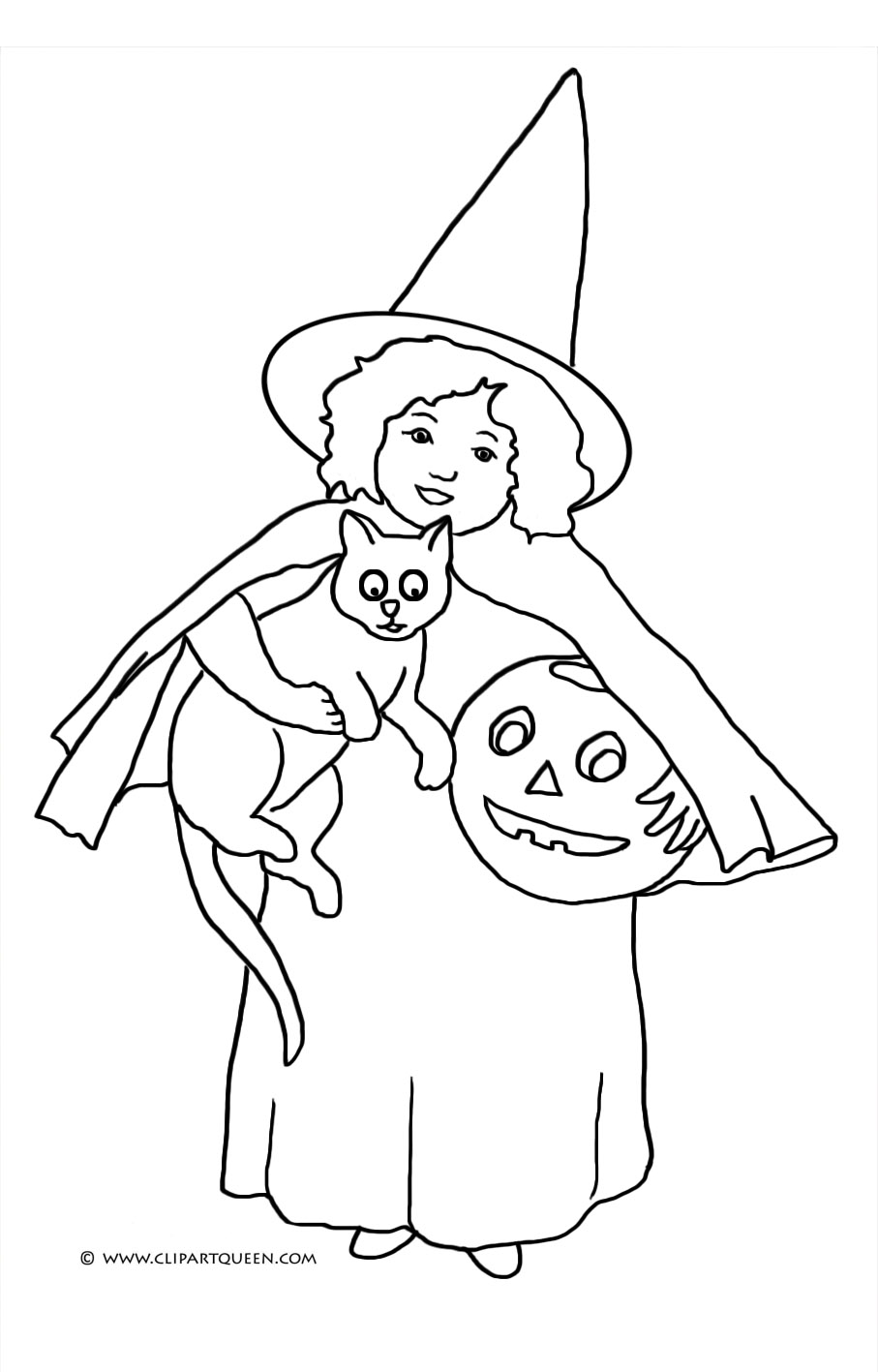 girl witch with cat and pumpkin head