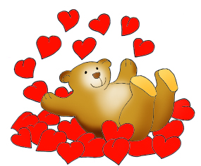 Valentine bear taking a bath in red hearts