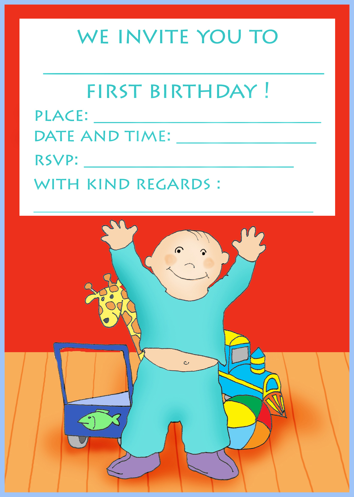 first birthday party invitation for boy and toys