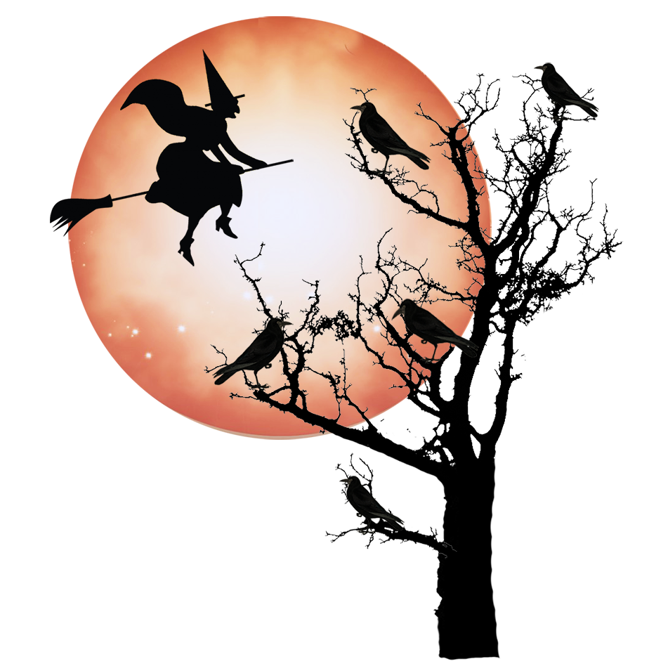 tree with moon witch birds