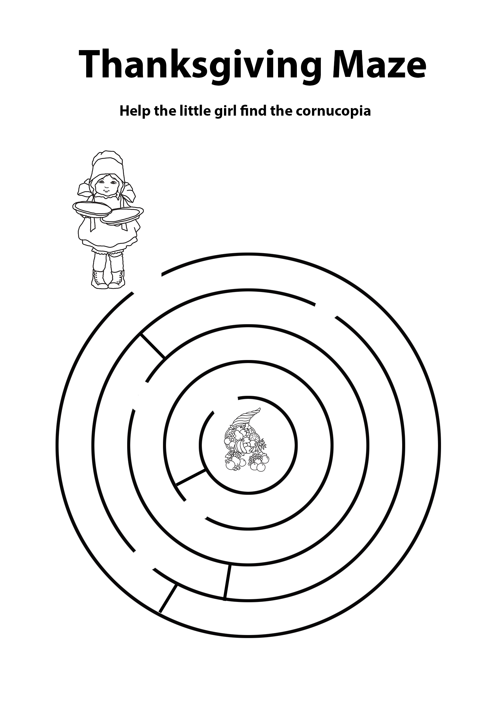 Thanksgiving mazes with girl and cornucopia