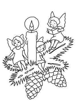 coloring page with christmas candle and angels