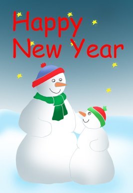 Happy New Year card snowman and snowchild