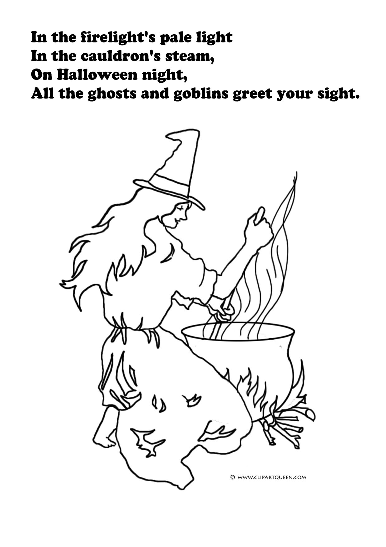 Halloween coloring sheet with witch and cauldron