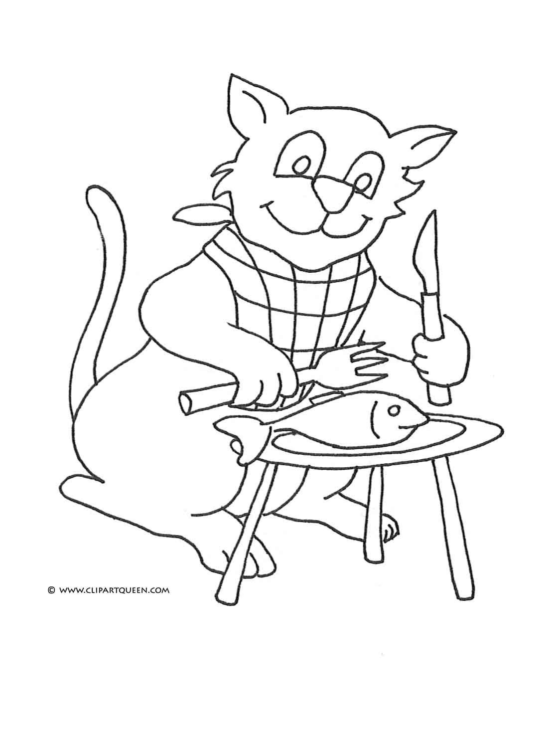 cat coloring page cat eating fish with fork