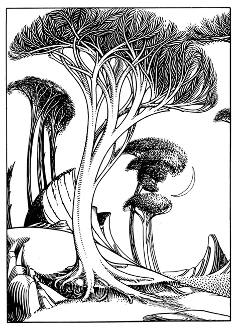 Art Nouveau landscape with curved tree