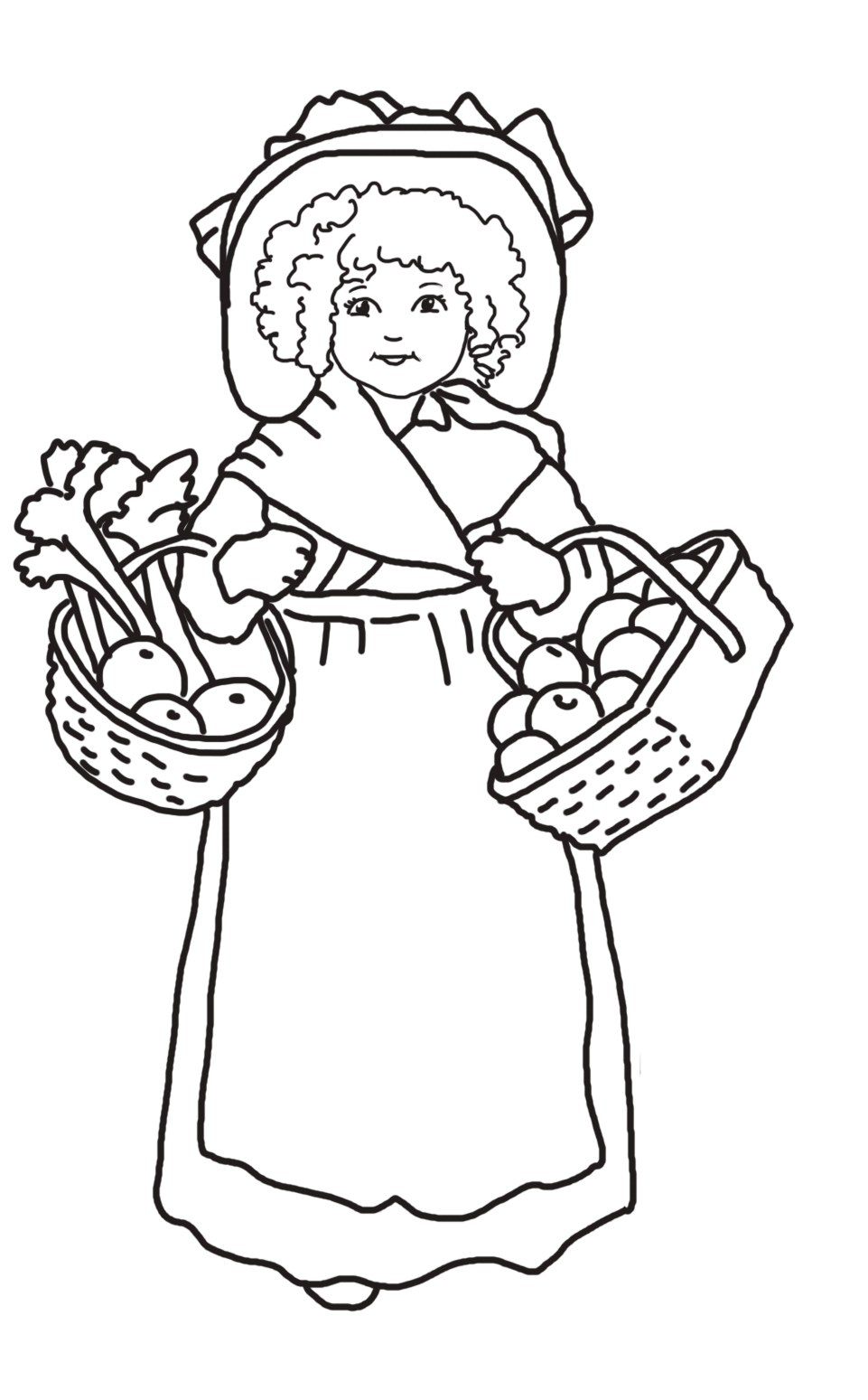 girl with Thanksgiving baskets fruit vegetables