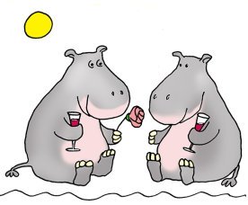 two cartoon hippos on beach with wine