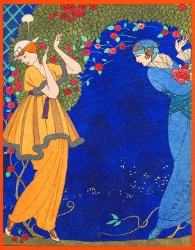 Two woman in blue and flower art nouveau