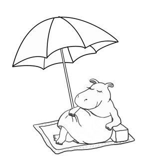 funny summer coloring with hippo and parasol