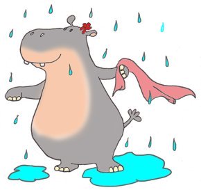 cartoon hippo in summer rain