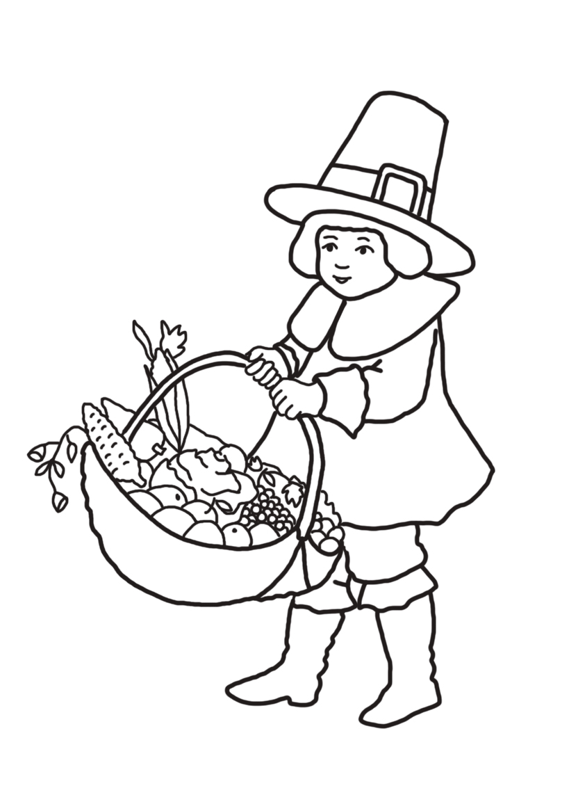 pilgrim boy with Thanksgiving basket with fruit