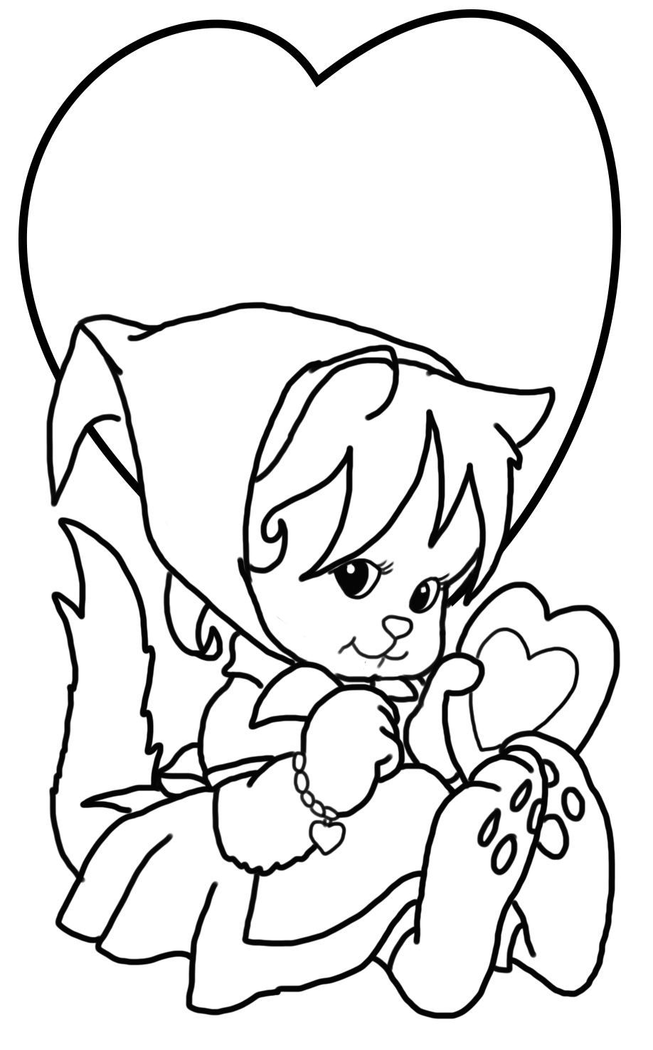 Valentine coloring page with cat and hearts