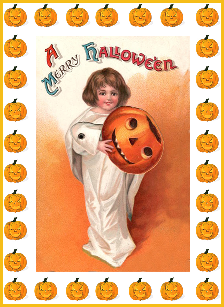Halloween card with girl and pumpkins