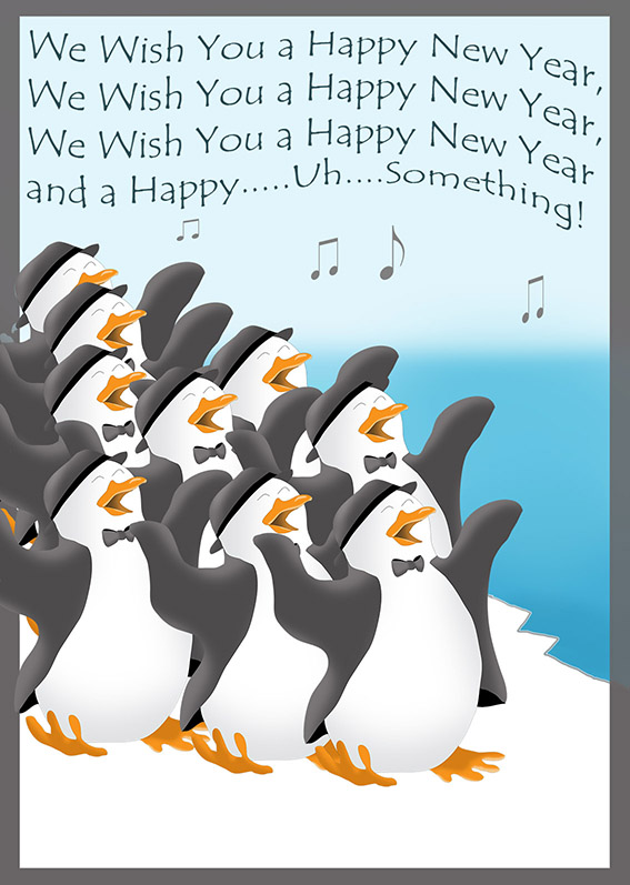 penguin singing New Years card