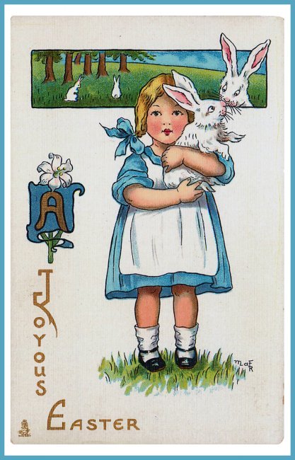 Vintage Easter greeting card girl rabbits