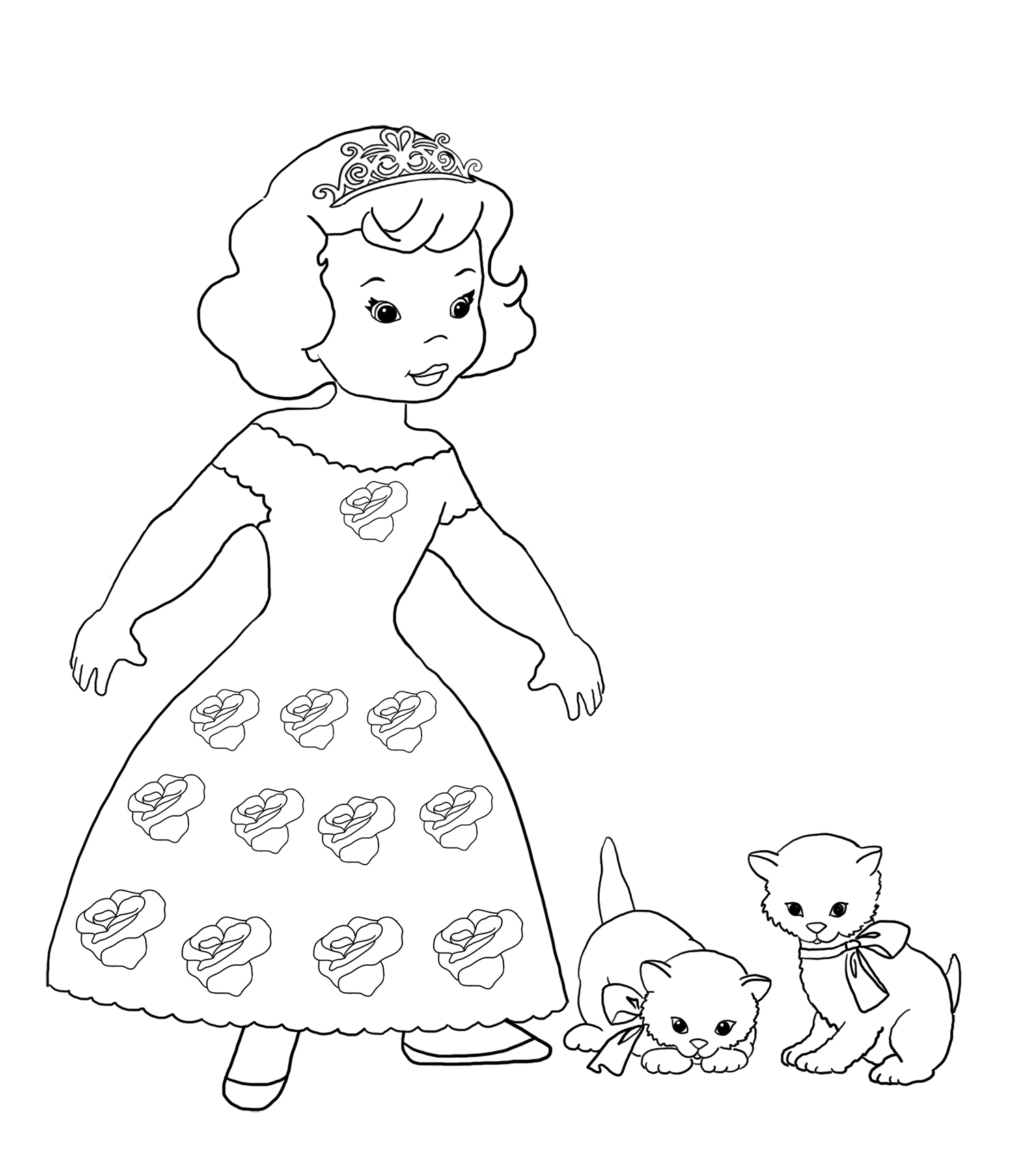 Coloring page with princess and kittens
