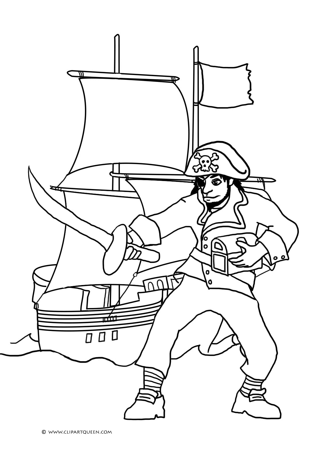 pirate with sword and pirate ship