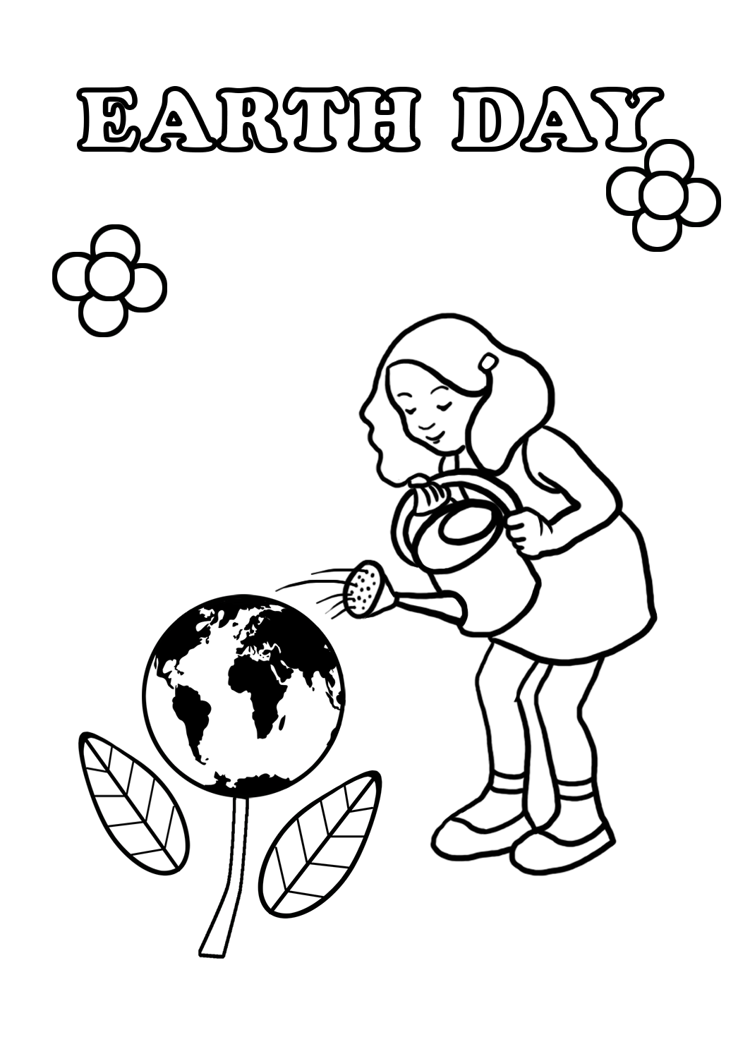 Earth Day coloring page girl watering eart