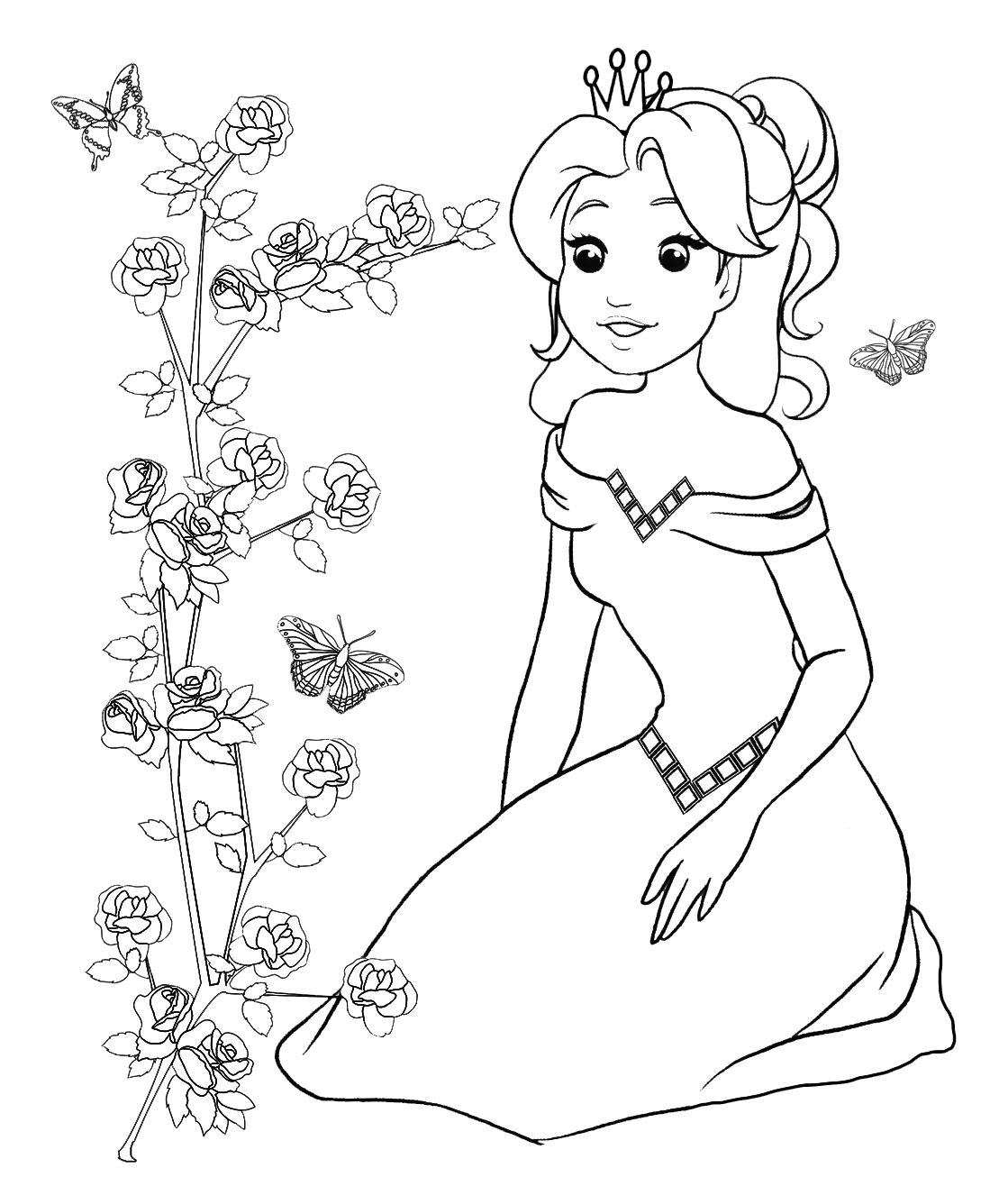 Princess looking at rose bush