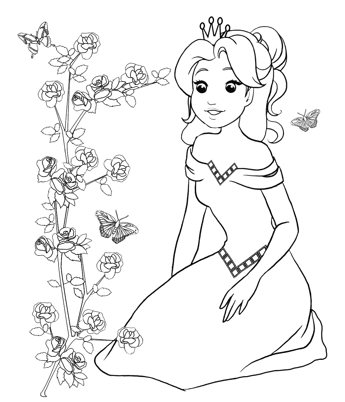 Princess looking at rose bush