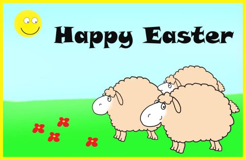 Happy Easter card with sun and sheep