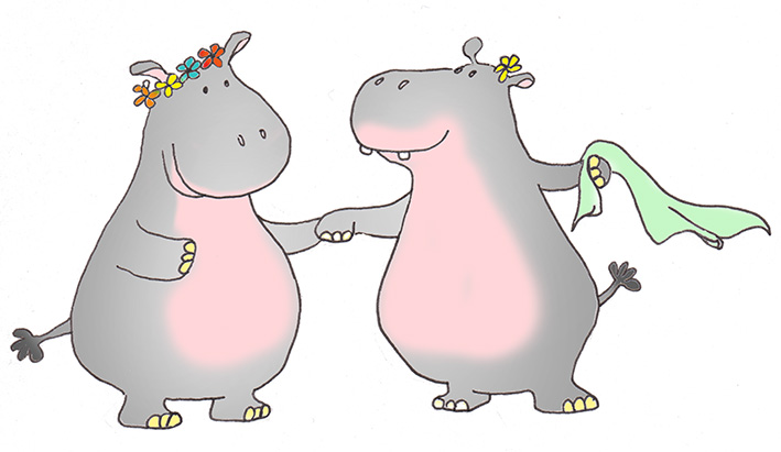 Two hippos with flowers in the summer
